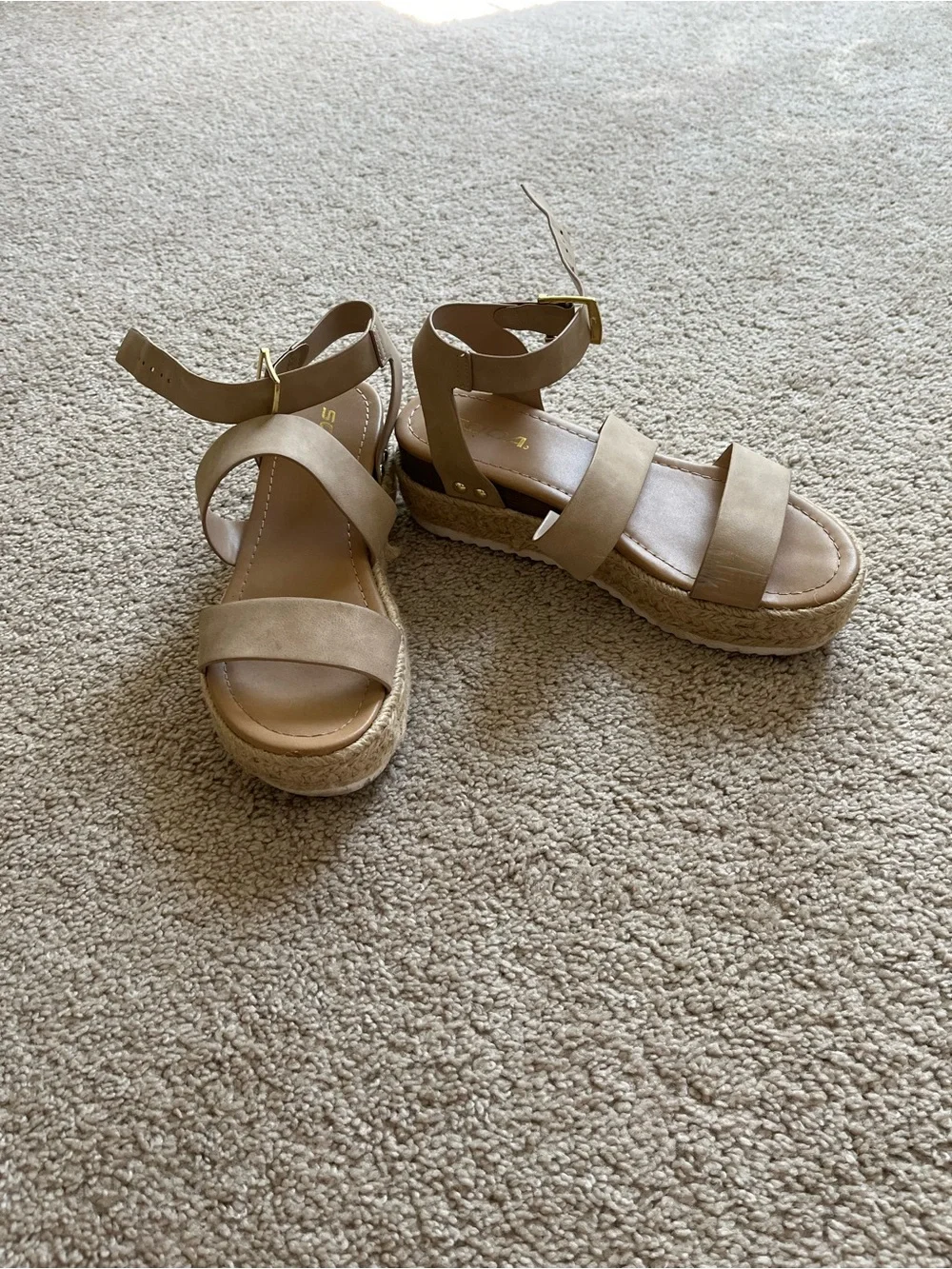 Soda Tan Double-Strap Wedge Sandals with Ankle Buckle